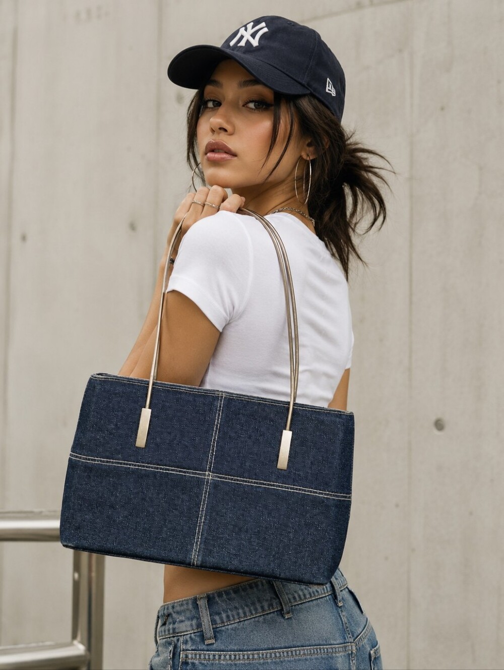 Vintage Y2K Denim Shoulder Bag Metal Handles 90s Streetwear Purse